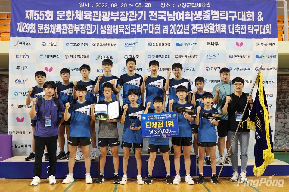 ▲ 대전동산중학교가 문체부 학생종별탁구대회 남중부 단체전을 우승했다.